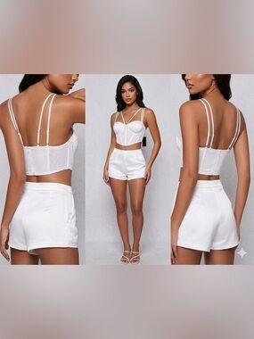 Fashion Nova - White Strappy Bustier Crop Top and High-Waist Shorts Set